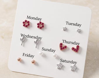 Set van 7 paar zilveren oorknopjes, oorbellen met hartjes, blaadjes en bloemen, verfijnde multipack sieraden, oorbellen om te combineren, cadeau voor haar