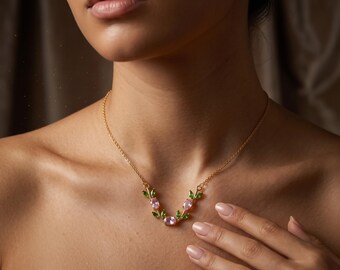 Roze en groene tulpenblad hanger ketting, verguld bloemensieraad, verfijnde ketting geïnspireerd op de natuur, elegant cadeau voor haar