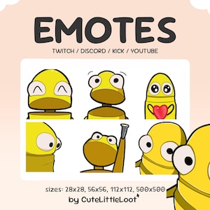 May include: A collection of yellow cartoon emotes with various expressions, including smiling, surprised, and holding a heart. The text "EMOTES" is at the top, with "TWITCH / DISCORD / KICK / YOUTUBE" below. Sizes are listed as 28x28, 56x56, 112x112, and 500x500.