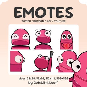 Puede incluir: Emoticonos rosas para Twitch, Discord, Kick y YouTube. La imagen presenta seis personajes de dibujos animados diferentes con diversas expresiones. Los tamaños son 28x28, 56x56, 112x112 y 500x500. La palabra "EMOTES" está en la parte superior.