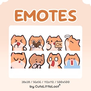 May include: A digital sticker sheet titled EMOTES featuring eight orange and white cat illustrations with various expressions, including laughing, reading, holding an OK sign, sleeping, drooling, looking shy, shocked, and crying. Text reads 28x28 / 56x56 / 112x112 / 500x500 by CuteLittleLoot.