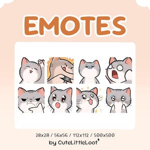 May include: A collection of eight cartoon cat emotes with various expressions, including happy, angry, and sad. The emotes are gray and white with pink accents. Text at the top reads "EMOTES". The image also includes size dimensions and the text "by CuteLittleLoot".