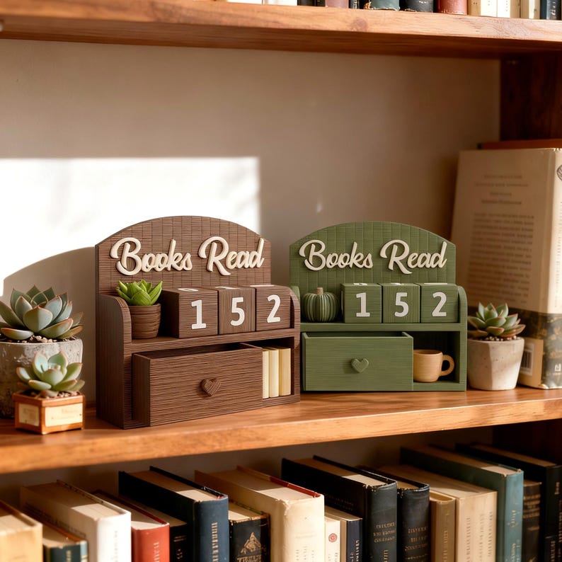May include: Two wooden book counters with the words "Books Read" in white script. One is brown with a drawer and a small plant, the other is green with a pumpkin and a small drawer. Both show the number 152.