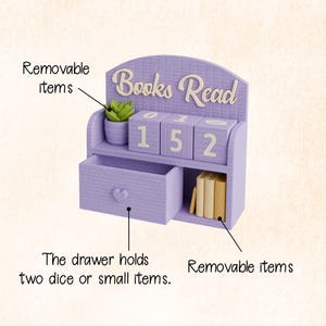May include: A lavender-colored bookshelf with the words "Books Read" on top. It features a drawer with a heart-shaped handle, a small potted plant, and a shelf with small books. The numbers "152" are displayed on rotating blocks.