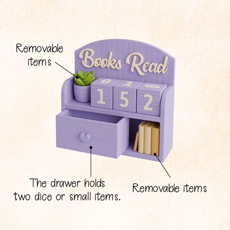 May include: A lavender-colored bookshelf with the words "Books Read" on top. It features a drawer with a heart-shaped handle, a small potted plant, and a shelf with small books. The numbers "152" are displayed on rotating blocks.