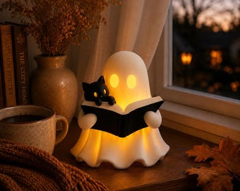 Statuetta fantasma stampata in 3D che legge un libro – Gatto accogliente, decorazione con lumino a LED