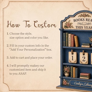 May include: A blue wooden bookshelf display with shelves containing miniature books, numbered tags, and floral accents. The top header reads BOOKS READ THIS YEAR and the bottom panel features the text Carley's Library with floral designs.
