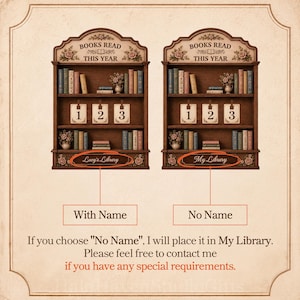 May include: Two wooden wall-mounted bookshelf displays featuring the text BOOKS READ THIS YEAR at the top. Each shelf holds miniature books, floral accents, and numbered cards 1, 2, and 3. One shelf displays the text Lucy's Library, the other My Library.