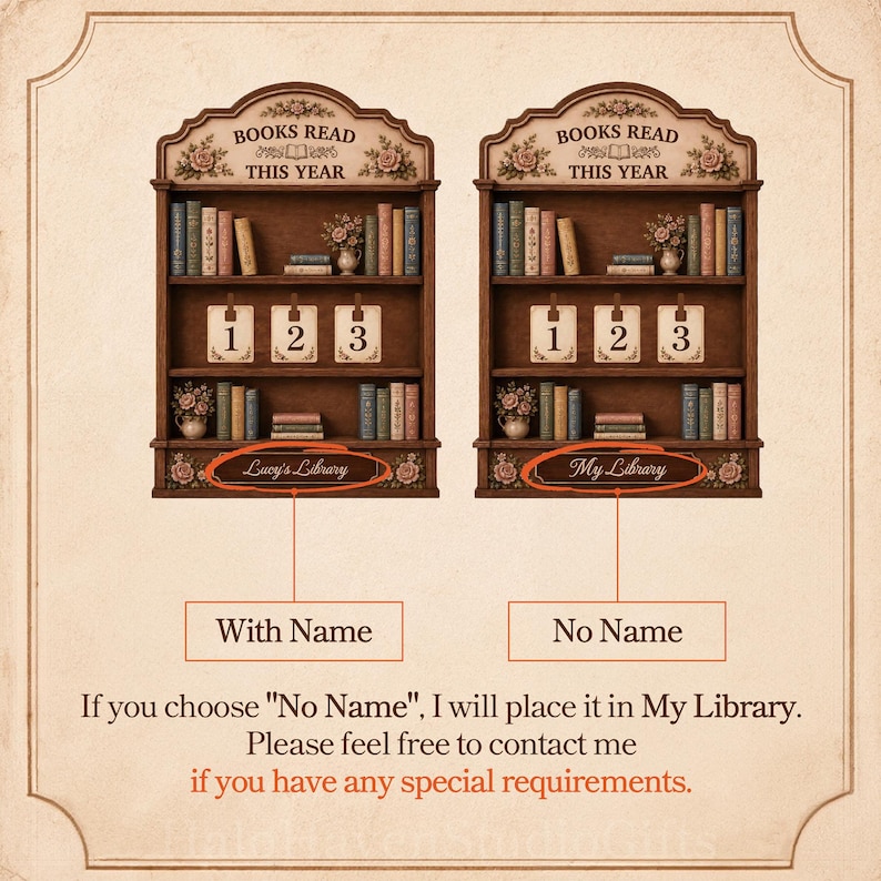 May include: Two wooden wall-mounted bookshelf displays featuring the text BOOKS READ THIS YEAR at the top. Each shelf holds miniature books, floral accents, and numbered cards 1, 2, and 3. One shelf displays the text Lucy's Library, the other My Library.