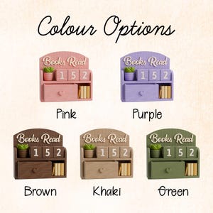 May include: A display shelf with the text "Books Read" and a counter showing "152". Available in pink, purple, brown, khaki, and green. Each shelf has a small drawer, a plant, and a stack of books.