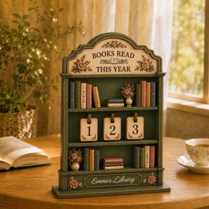 Peut inclure: Une étagère décorative en bois vert à trois niveaux, portant l'inscription "BOOKS READ THIS YEAR" en haut et "Emma's Library" en bas. Les étagères contiennent des livres miniatures, des vases fleuris et un compteur central affichant 123.