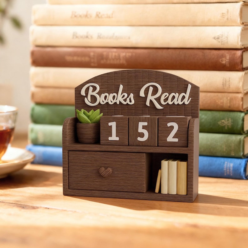 May include: A brown wooden desk organizer with the words "Books Read" in white script. It features a small drawer with a heart detail, a miniature succulent, and a block calendar displaying "152". A stack of books is in the background.