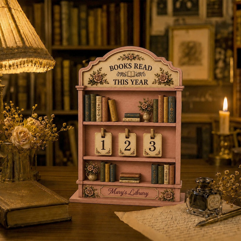 May include: A pink wooden bookshelf display with three shelves, featuring the text BOOKS READ THIS YEAR at the top and Mary's Library at the bottom. The shelves hold miniature books, a small floral vase, and three hanging tags numbered 1, 2, and 3.