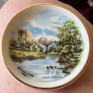May include: Small, round, white dish with a gold rim. The dish features a scenic landscape painting of a castle, river, and trees. The words "Storney Castle, Cok" are written on the dish.
