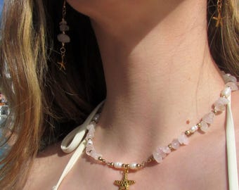 Rose Quartz Pearl Starfish Necklace, Gold Stainless Steel Beach Jewelry
