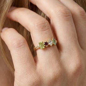 Personalized Multi Birthstone Ring, Custom Mixed Shape Gemstone Ring, Baguette Marquise Statement Ring, 14K Gold Unique Gift for Her