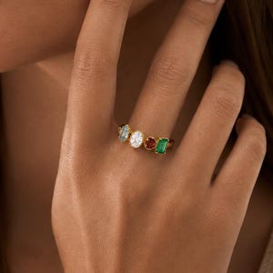 Personalized Multi Birthstone Ring, 18K Gold Plated Mixed Shape Gemstone Ring, Baguette Marquise Cluster Ring, Gift for Her
