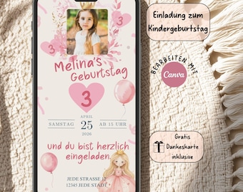 Princess Digital Birthday Invitation – Girls' Birthday Invitation – Personalized Children's Birthday Invitation in Canva