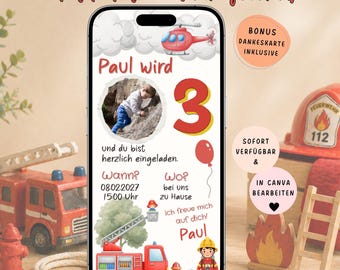 Firefighter Birthday Party Invitation - Customizable | 3rd Birthday Invitation | Digital Birthday Invitation for Boys