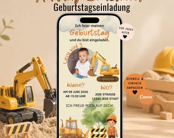 Einladung Baustelle Kindergeburtstag Canva Vorlage Whatsapp | Einladung Baustellenparty Junge personalisierbar editierbar | inkl Dankeskarte
