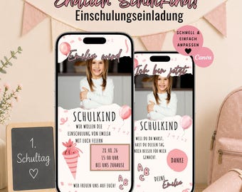Personalized back-to-school invitation for girls with photo | Schoolchild invitation Canva template for WhatsApp - Instant download - incl. thank-you card