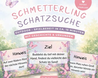 Outdoor Schmetterling Schatzsuche Kinder 4–7 Jahre | Garten Schnitzeljagd Kindergeburtstag | Schatzsuche Schmetterling draußen PDF Download