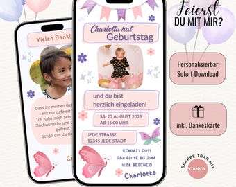 Birthday party invitation for girls, digital personalized invitation with butterfly, birthday invitation bundle for children