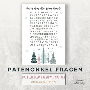 May include: A white print featuring a word search puzzle with the text "Das ist mein aller größter Wunsch" and "PATENONKEL FRAGEN". Below are illustrated Christmas trees. The print also includes the text "DAS BESTE GESCHENK ZU WEIHNACHTEN".