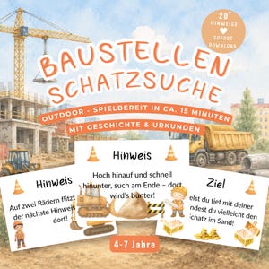 Puede incluir: Un juego de búsqueda del tesoro con temática de construcción para niños de 4 a 7 años, con descarga inmediata de más de 20 pistas, historia y certificados. Incluye ilustraciones de una grúa, camión volquete, excavadora y obrero.