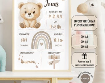 Personalized Boho Birth Announcement, Baby Birth Stats Poster, Animal Nursery Wall Art, Birth Gift for Parents, Printable PDF Download
