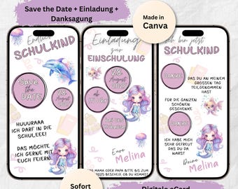 May include: Digital e-card design with a mermaid theme, featuring text in German for a school event. The design includes a dolphin, jellyfish, and text that says "Save the Date," "Invitation," and "Thank You."