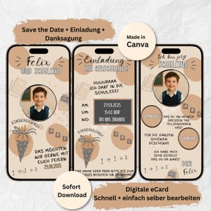 School Enrollment Invitation Set Brown Beige School Cone | Finally a Schoolchild Card | 1st Grade Digital Enrollment | Instant Download Invitation Card