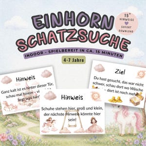 以下が含まれることがあります： ドイツ語のタイトル「EINHORN SCHATZSUCHE」、「15+ HINWEISE」、「4-7 JAHRE」が記載された、印刷可能なユニコーン宝探しゲームセット。ピンクの雲のイラスト、ユニコーンのグラフィック、室内アクティビティ用のテキストヒントが書かれた3枚の白いカードが含まれています。