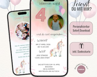 Personalized children's birthday invitation, birthday invitation for girls to edit yourself in Canva, children's birthday invitation