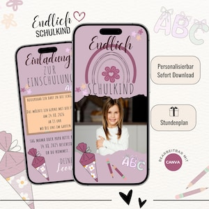 Invitation to the first day of school for girls - customizable, Finally a schoolchild, 1st grade digital invitation card, Instant download