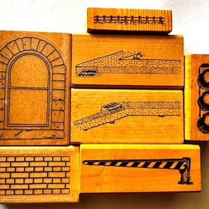 Veel (6) vintage houten blokstempels voor buitenarchitectuurconstructie