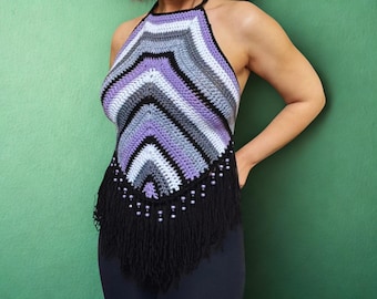 Limitierte Auflage! Lila gestreiftes häkeln Fransen Bindebändern Sommer Festival Crop Top