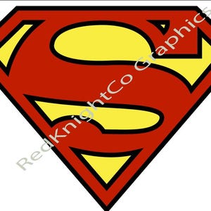 May include: The Superman logo, a red diamond shape with a yellow "S" inside. The "S" is outlined in black, and the logo is set against a white background. The text "RedKnightCo Graphics" is diagonally across the image.