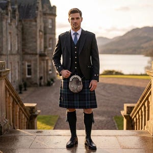 May include: A charcoal grey wool jacket and matching waistcoat worn with a blue tie, a white collared shirt, and a dark blue and green plaid kilt. A grey fur sporran hangs from the waist, paired with black knee-high socks and black leather dress shoes.