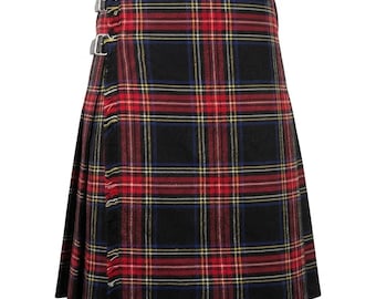 Black Stewart Tartan Kilt, Mens Scottish Highland Wear, Traditional 8 Yard Pleated, Leather Strap Buckle, Wedding Gift For Him