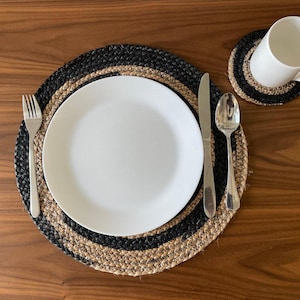 Handmade Jute Placemat Set (Optional Coasters) — Black & Natural Boho Table Décor