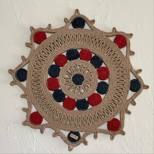 Handmade Jute Wall Hanging – Round Boho Wall Art with Red & Blue Accents | Natural Fiber Mandala Decor