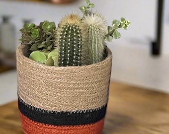 Handwoven Jute Planter Set: Boho Striped Plant Baskets, Terracotta Black Beige