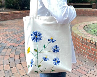 Handmade Floral Embroidered Cotton Canvas Tote Bag – Vegan & Eco-Friendly