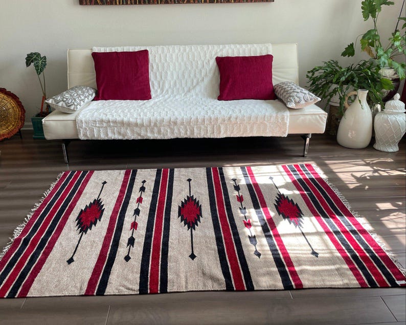 Red African Rug Handwoven Southwestern Rug: Red Black Tribal Diamond Chenille Cotton ...