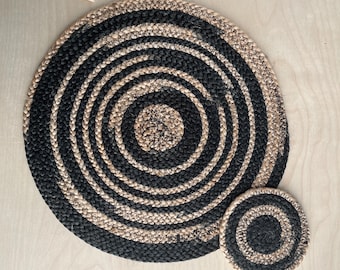 Handmade Jute Placemat Set (Optional Coasters) — Black & Natural Boho Table Décor
