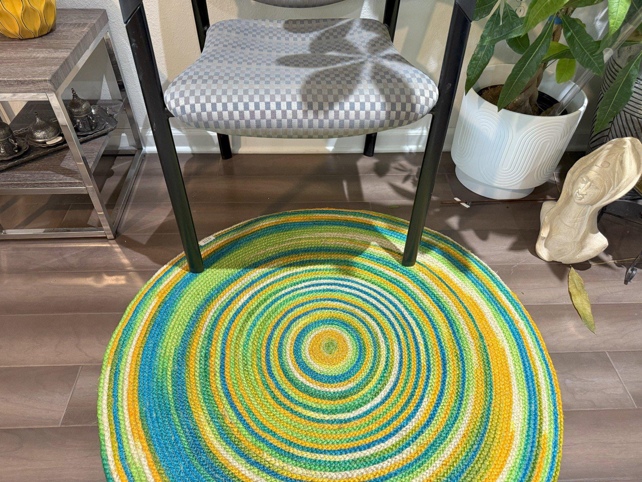 Heart Green Jute Rug Round Braided Jute Rug – Colorful Green, Blue & Yellow Handmade Floor ...