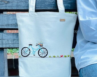 Hand Embroidered Floral Bicycle Tote Bag: Eco-Friendly Cotton Canvas