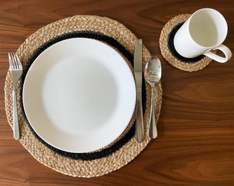 Handcrafted Jute Placemats with Optional Coasters: Boho Black Ring Table Decor