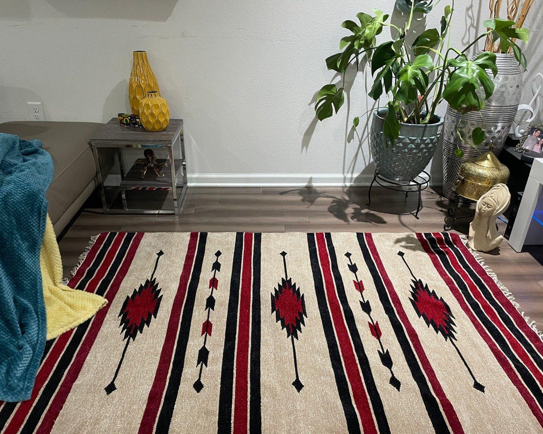 Hatchlu Rug Handwoven Southwestern Rug: Red Black Tribal Diamond Chenille Cotton ...